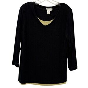 Coldwater Creek Top Size Large Black Yellow Travel Knit Slinky Layered Look